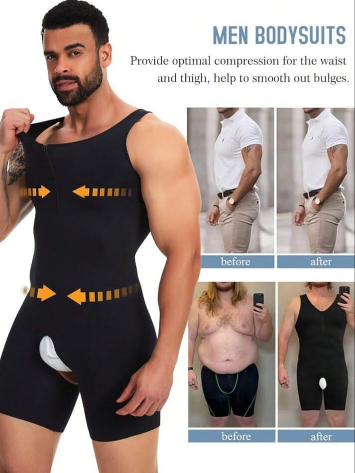 Men's Full Body Compression Shapewear Suit – Slimming Bodysuit with Front Zipper